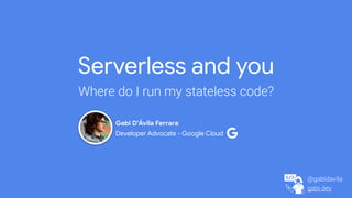 Serverless and you
Where do I run my stateless code?
@gabidavila
gabi.dev
Gabi D'Ávila Ferrara

Developer Advocate - Google Cloud
 