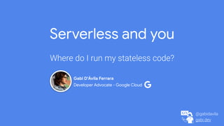 Serverless and you
Where do I run my stateless code?
@gabidavila
gabi.dev
Gabi D'Ávila Ferrara

Developer Advocate - Google Cloud
 