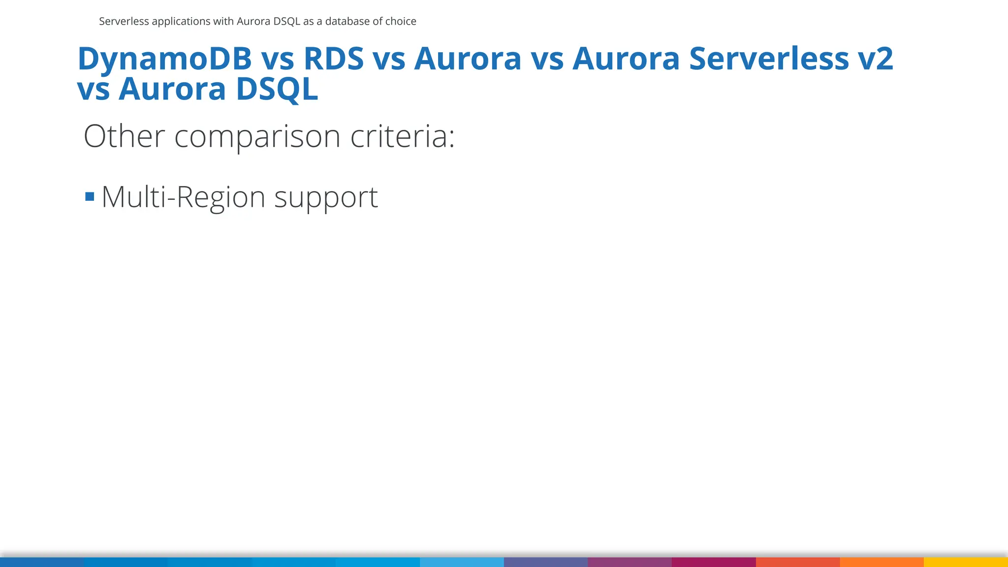 Serverless applications with Aurora DSQL as a database of choice
DynamoDB vs RDS vs Aurora vs Aurora Serverless v2
vs Aurora DSQL
Other comparison criteria:
▪ Multi-Region support
 
