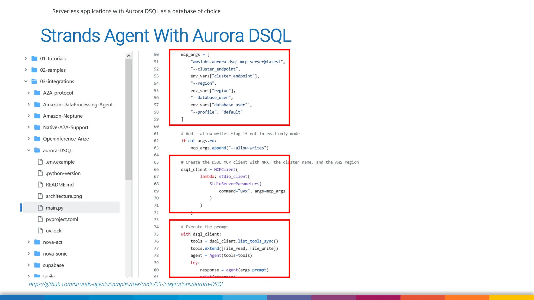 Serverless applications with Aurora DSQL as a database of choice
https://github.com/strands-agents/samples/tree/main/03-integrations/aurora-DSQL
Strands Agent With Aurora DSQL
 
