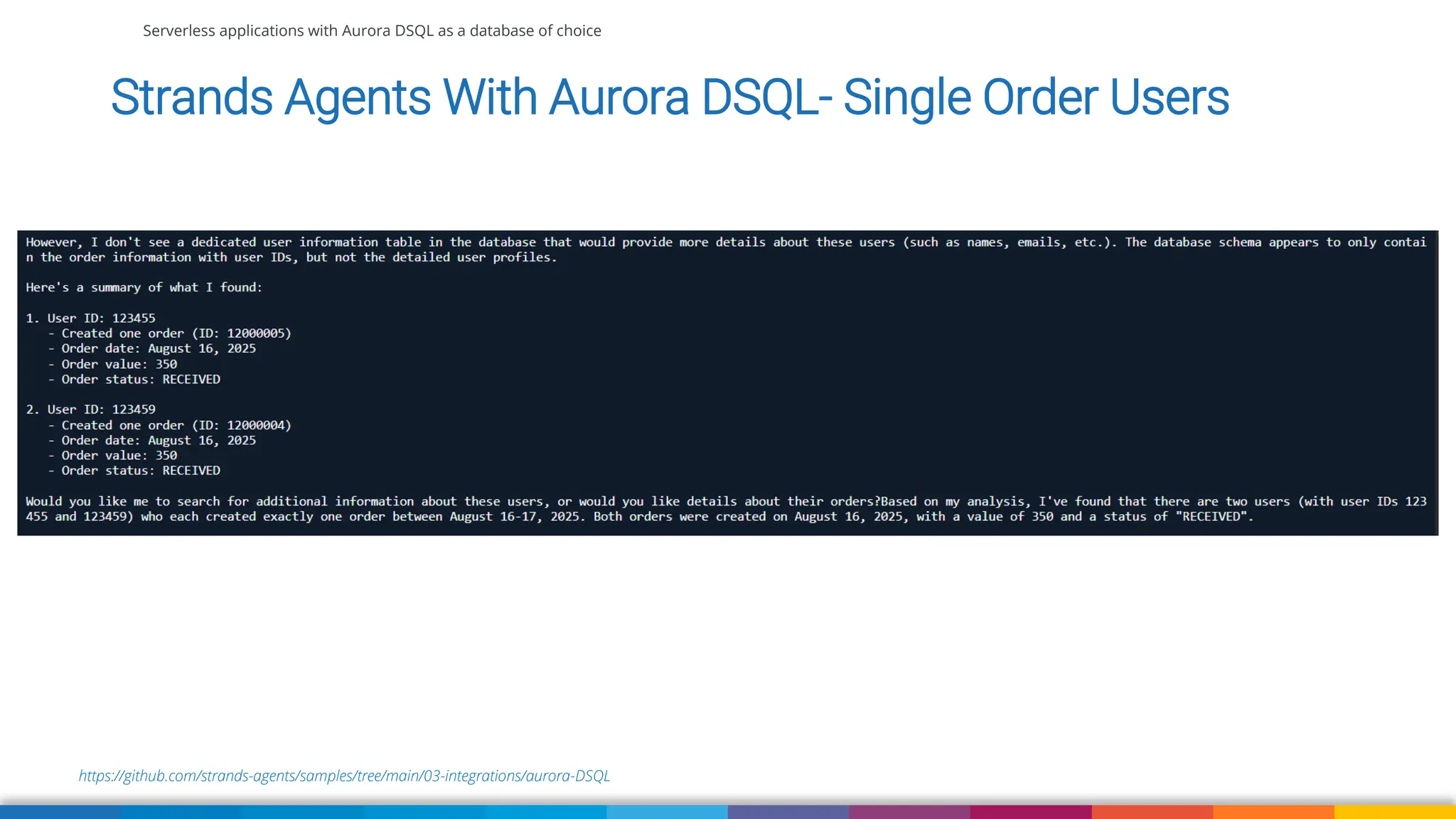 Serverless applications with Aurora DSQL as a database of choice
https://github.com/strands-agents/samples/tree/main/03-integrations/aurora-DSQL
Strands Agents With Aurora DSQL- Single Order Users
 