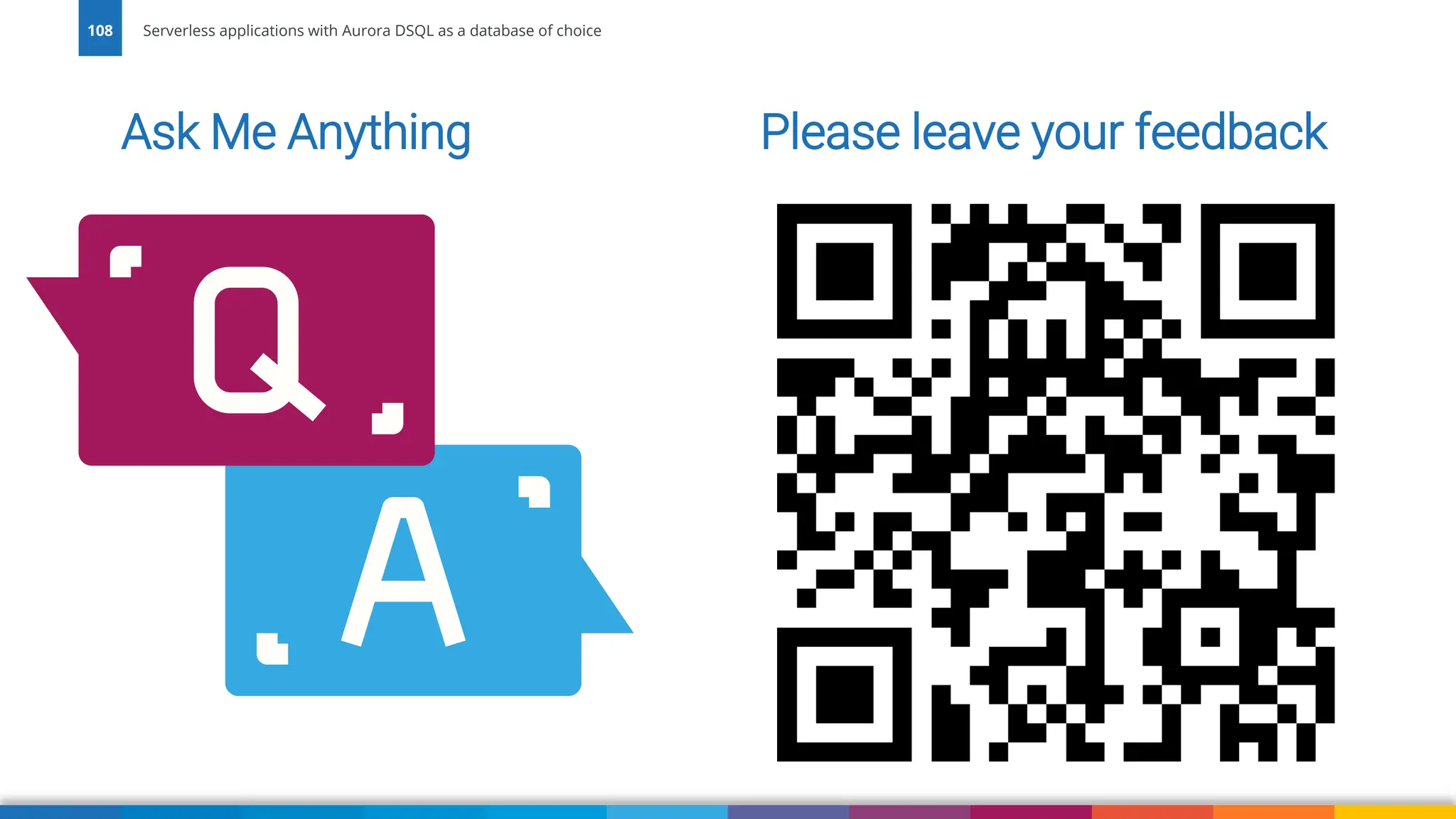 Ask Me Anything Please leave your feedback
108 Serverless applications with Aurora DSQL as a database of choice
 