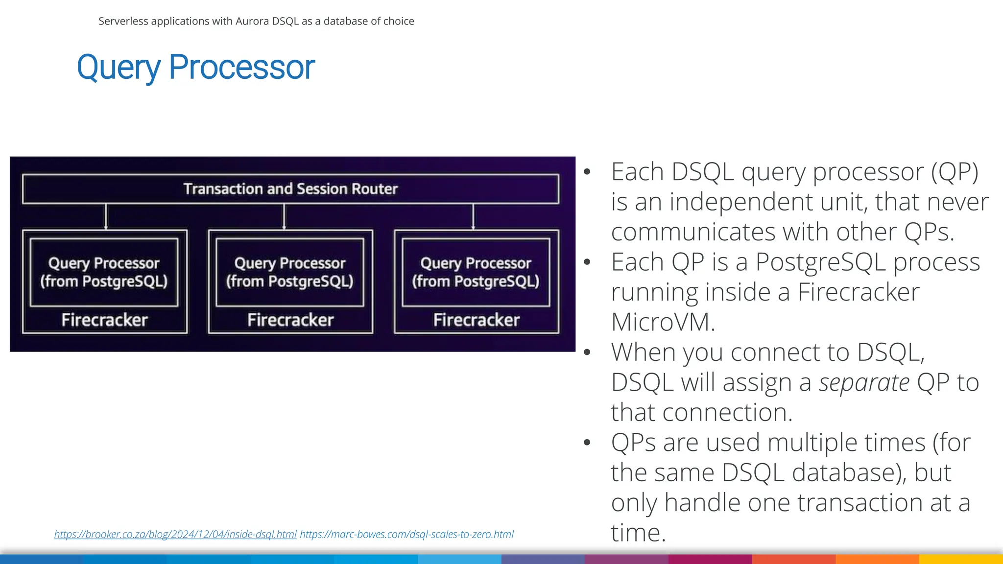 Serverless applications with Aurora DSQL as a database of choice
https://brooker.co.za/blog/2024/12/04/inside-dsql.html https://marc-bowes.com/dsql-scales-to-zero.html
Query Processor
• Each DSQL query processor (QP)
is an independent unit, that never
communicates with other QPs.
• Each QP is a PostgreSQL process
running inside a Firecracker
MicroVM.
• When you connect to DSQL,
DSQL will assign a separate QP to
that connection.
• QPs are used multiple times (for
the same DSQL database), but
only handle one transaction at a
time.
 