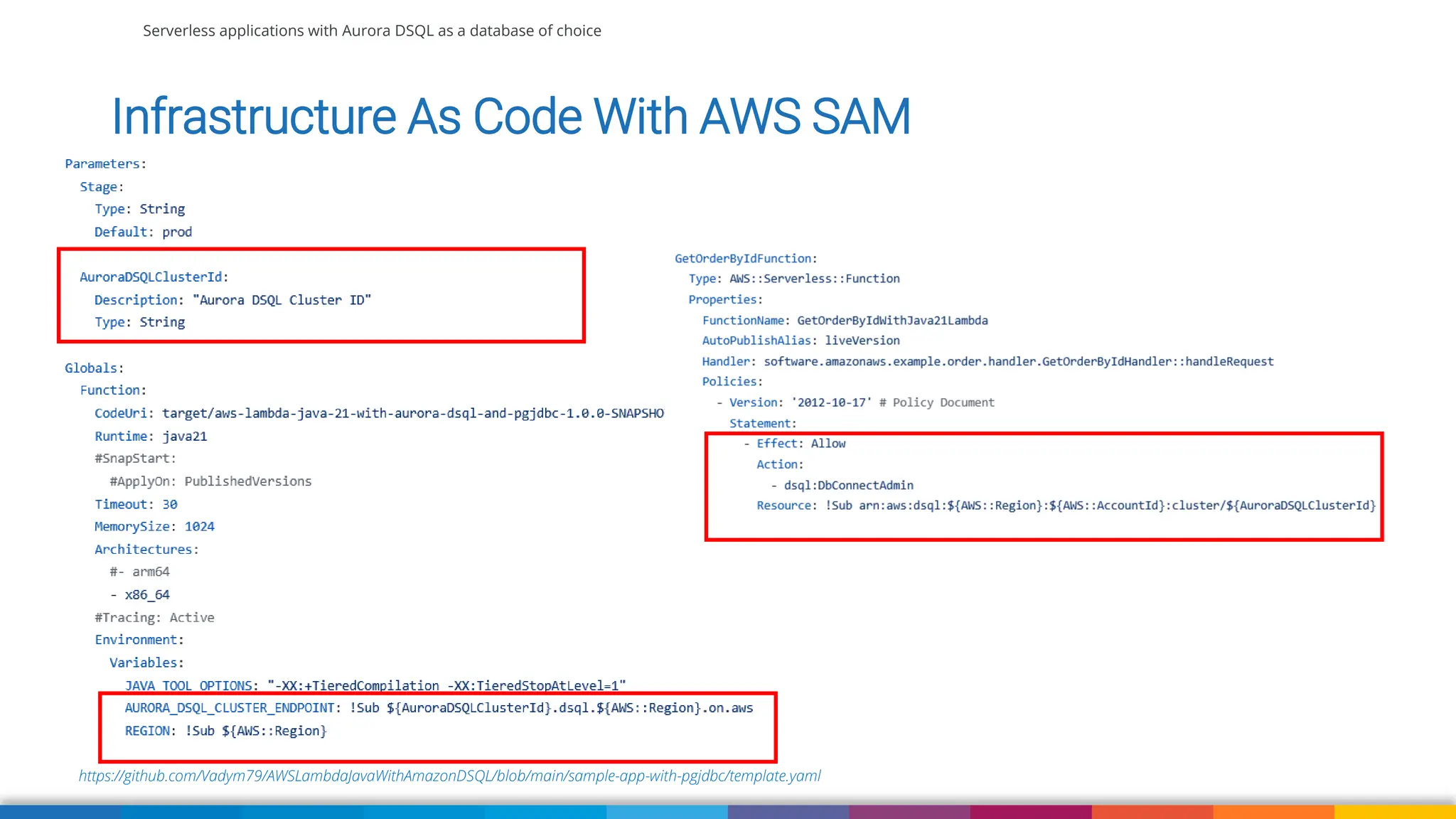 Serverless applications with Aurora DSQL as a database of choice
https://github.com/Vadym79/AWSLambdaJavaWithAmazonDSQL/blob/main/sample-app-with-pgjdbc/template.yaml
Infrastructure As Code With AWS SAM
 