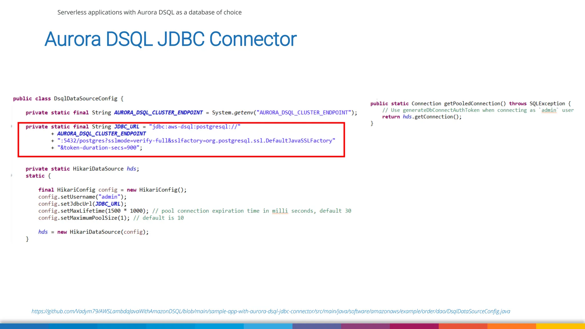 Serverless applications with Aurora DSQL as a database of choice
https://github.com/Vadym79/AWSLambdaJavaWithAmazonDSQL/blob/main/sample-app-with-aurora-dsql-jdbc-connector/src/main/java/software/amazonaws/example/order/dao/DsqlDataSourceConfig.java
Aurora DSQL JDBC Connector
 