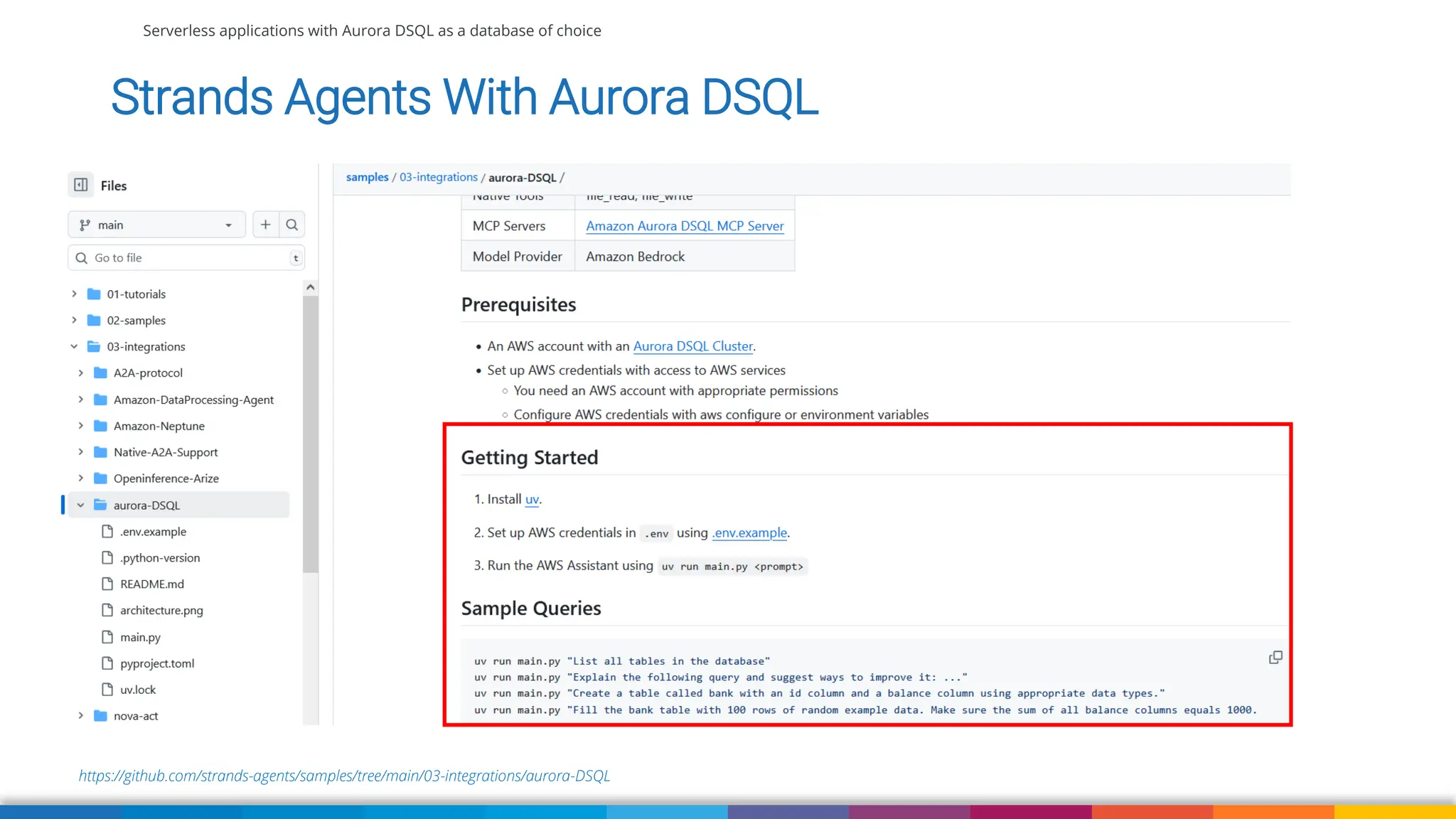 Serverless applications with Aurora DSQL as a database of choice
https://github.com/strands-agents/samples/tree/main/03-integrations/aurora-DSQL
Strands Agents With Aurora DSQL
 