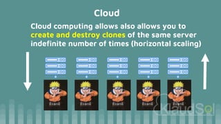 Cloud
Cloud computing allows also allows you to
create and destroy clones of the same server
indefinite number of times (horizontal scaling)
 