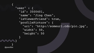 @parallax@parallax
{
"user" : {
"id": 3500401,
"name": "Jing Chen",
"isViewerFriend": true,
"profilePicture": {
"uri": "http://someurl.cdn/pic.jpg",
"width": 50,
"height": 50
}
}
}
 