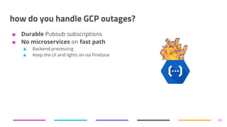 how do you handle GCP outages?
■ Durable Pubsub subscriptions
■ No microservices on fast path
▲ Backend processing
▲ Keep the UI and lights on via Firebase
24
 