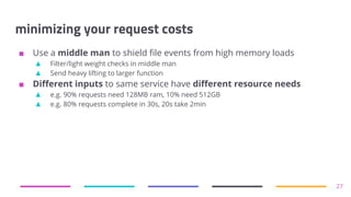 minimizing your request costs
27
■ Use a middle man to shield file events from high memory loads
▲ Filter/light weight checks in middle man
▲ Send heavy lifting to larger function
■ Different inputs to same service have different resource needs
▲ e.g. 90% requests need 128MB ram, 10% need 512GB
▲ e.g. 80% requests complete in 30s, 20s take 2min
 