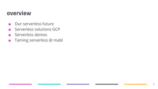 overview
■ Our serverless future
■ Serverless solutions GCP
■ Serverless demos
■ Taming serverless @ mabl
3
 