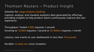 © 2018, Amazon Web Services, Inc. or its Affiliates. All rights reserved.
Thomson Reuters – Product Insight
Solution for u...