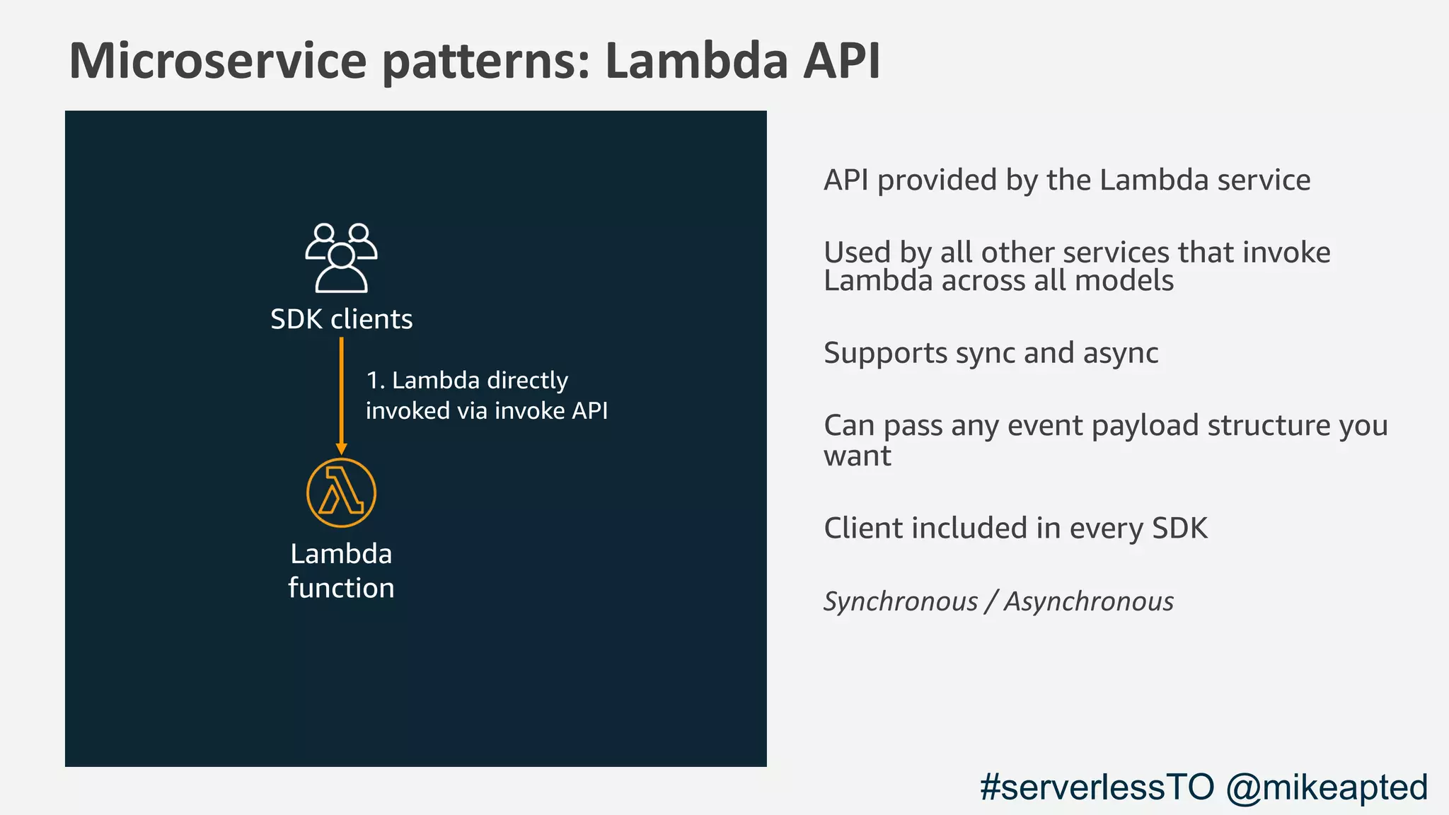Microservice patterns: Lambda API
1. Lambda directly
invoked via invoke API
SDK clients
API provided by the Lambda service
Used by all other services that invoke
Lambda across all models
Supports sync and async
Can pass any event payload structure you
want
Client included in every SDK
Synchronous / Asynchronous
Lambda
function
#serverlessTO @mikeapted
 