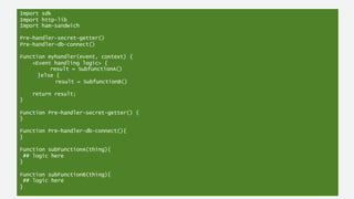 Anatomy of a Lambda functionImport sdk
Import http-lib
Import ham-sandwich
Pre-handler-secret-getter()
Pre-handler-db-connect()
Function myhandler(event, context) {
<Event handling logic> {
result = SubfunctionA()
}else {
result = SubfunctionB()
return result;
}
Function Pre-handler-secret-getter() {
}
Function Pre-handler-db-connect(){
}
Function subFunctionA(thing){
## logic here
}
Function subFunctionB(thing){
## logic here
}
 