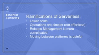 Serverless
Computing
14
Ramifications of Serverless:
▫ Lower costs
▫ Operations are simpler (not effortless)
▫ Release Management is more
complicated
▫ Moving between platforms is painful
 