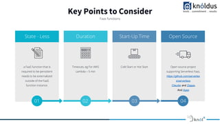 Key Points to Consider
Faas functions
State - Less
a FaaS function that is
required to be persistent
needs to be externalized
outside of the FaaS
function instance.
Duration
Timeouts, eg For AWS
Lambda – 5 min
Start-Up Time
Cold Start or Hot Start
Open Source
Open source project
supporting Serverless Faas,
https://github.com/serverles
s/serverless
Claudia and Zappa.
And Apex
01 02 03 04
 