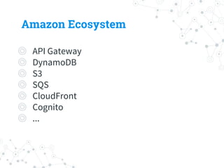 Amazon Ecosystem
◎API Gateway
◎DynamoDB
◎S3
◎SQS
◎CloudFront
◎Cognito
◎...
 