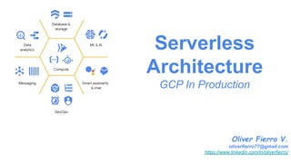 Serverless
Architecture
GCP In Production
Oliver Fierro V.
oliverfierro77@gmail.com
https://www.linkedin.com/in/oliverfierro/
 