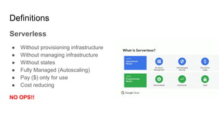 Definitions
Serverless
● Without provisioning infrastructure
● Without managing infrastructure
● Without states
● Fully Managed (Autoscaling)
● Pay ($) only for use
● Cost reducing
NO OPS!!
 