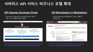 서버리스 API 서비스 비즈니스 모델 확대
Q 1 V b W L V T K P L V N PNWN
N a W R P N a MN N N
Q 1 V b W L V T K P L V N V WN RbN
a R RW V TN LN RWP R P N a
API Gateway Developer Portal
FN N N 5 RL R W @ MN F5@
API Monetization in Marketplace
5IF @ TN LN 5C
l
 