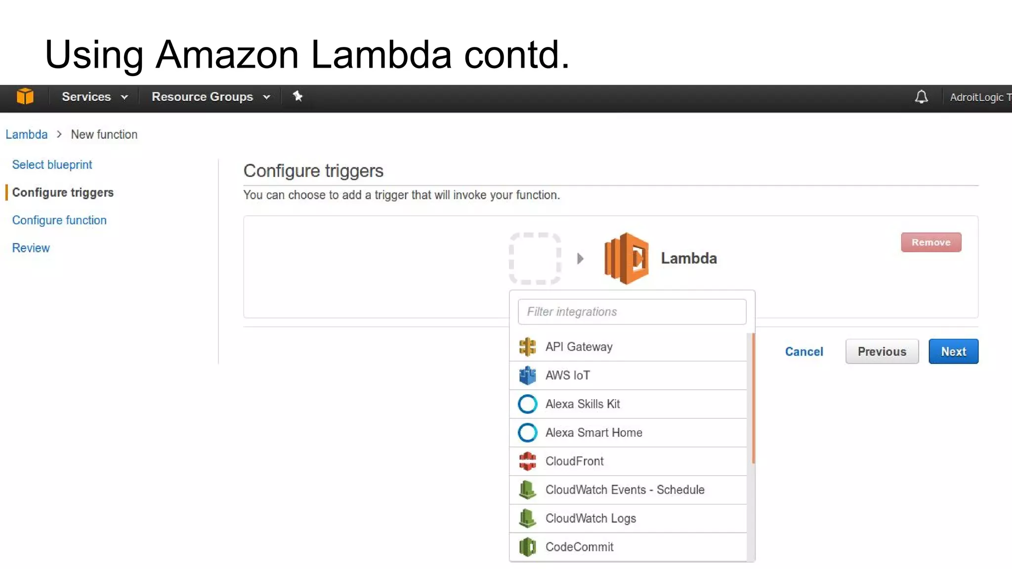 Using Amazon Lambda contd.
 
