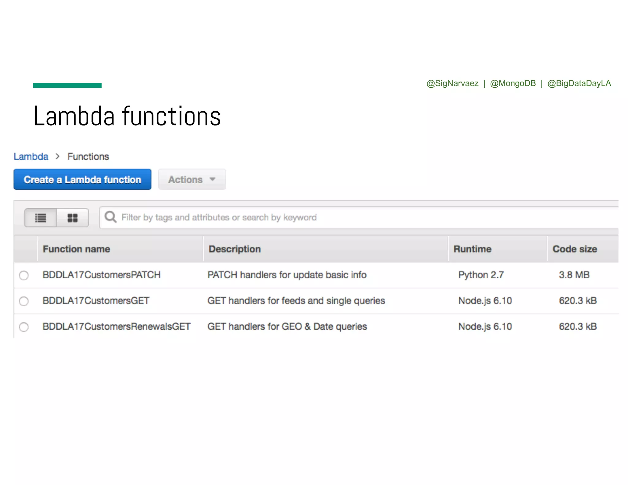 Lambda functions @SigNarvaez | @MongoDB | @BigDataDayLA 
