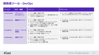 13
開発者ツール・DevOps
サービス 区分・概要 メリット デメリット
CodeCommit プライベート
Gitリポジトリ
● サーバ構築、管理が不要
● AWSならではのセキュリティ、高可用性を持つGit
リポジトリが使用できる
● ソースコード管理までAWSに依存してしまう。Lambda
のようにAWS有りきのプロジェクトであれば良いか。
CodePipeline 継続的デリバリー ● サーバ構築、管理が不要
● Gitリポジトリの更新をトリガーとして、ビルド、
テスト、デプロイまで自動化する事が可能
● 手動の承認を入れる事が可能なので、誤って本番
環境にリリースする事を防げる
● CodeBuild、CodeDeploy等、他のサービスと合わせて
知識が必要
CloudBuild ビルド、テストの
自動化
● サーバ構築、管理が不要
● ビルド、テストを自動で行う事が可能
● 並列ビルドが可能（自動スケール）
● CodeBuild、CodeDeploy等、他のサービスと合わせて
知識が必要
CodeDeploy 自動デプロイ ● サーバ構築、管理が不要
● EC2、Fargate、Lambda、オンプレミスサーバへ
アプリを自動デプロイ可能
● Blue/Greenデプロイが選択可能
● CodeBuild、CodeDeploy等、他のサービスと合わせて
知識が必要
 