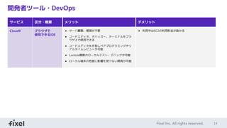14
開発者ツール・DevOps
サービス 区分・概要 メリット デメリット
Cloud9 ブラウザで
使用できるIDE
● サーバ構築、管理が不要
● コードエディタ、デバッガー、ターミナルをブラ
ウザ上で使用できる
● コードエディタを共有しペアプログラミングやリ
アルタイムレビューが可能
● Lambda関数のローカルテスト、デバッグが可能
● ローカル端末の性能に影響を受けない開発が可能
● 利用中はEC2の利用料金が掛かる
 