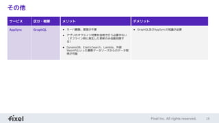 16
その他
サービス 区分・概要 メリット デメリット
AppSync GraphQL ● サーバ構築、管理が不要
● アプリのオフライン対策を自前で行う必要がない
（オフライン時に発生した更新のみ自動同期す
る）
● DynamoDB、ElasticSearch、Lambda、外部
WebAPIといった複数データソースからのデータ取
得が可能
● GraphQL及びAppSyncの知識が必要
 