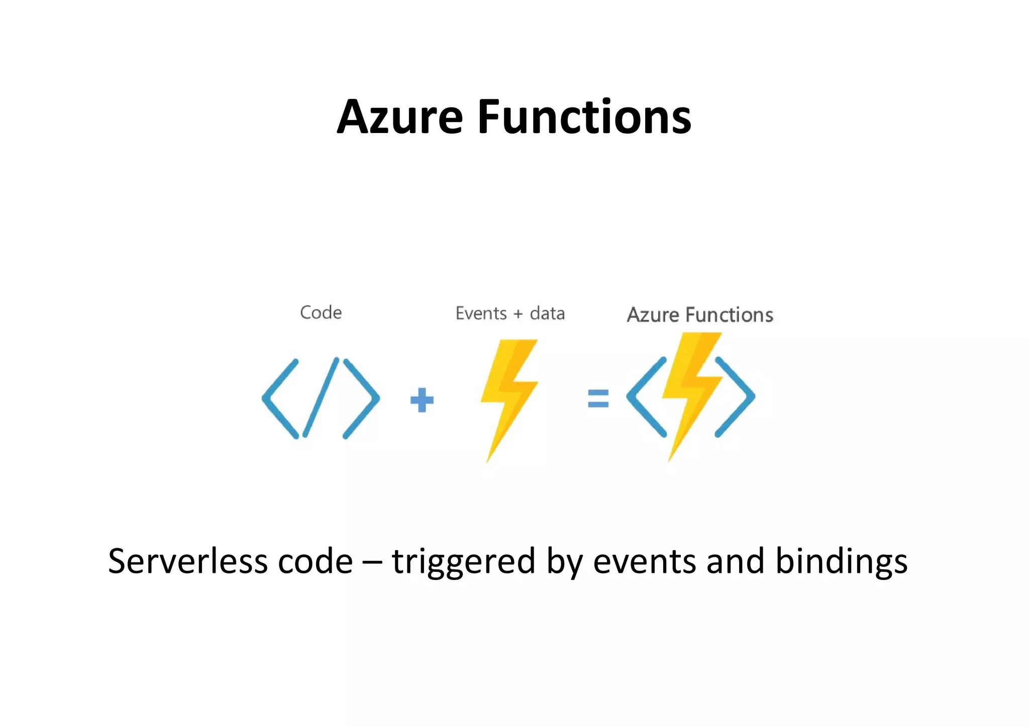 Azure Functions
Serverless code – triggered by events and bindings
 