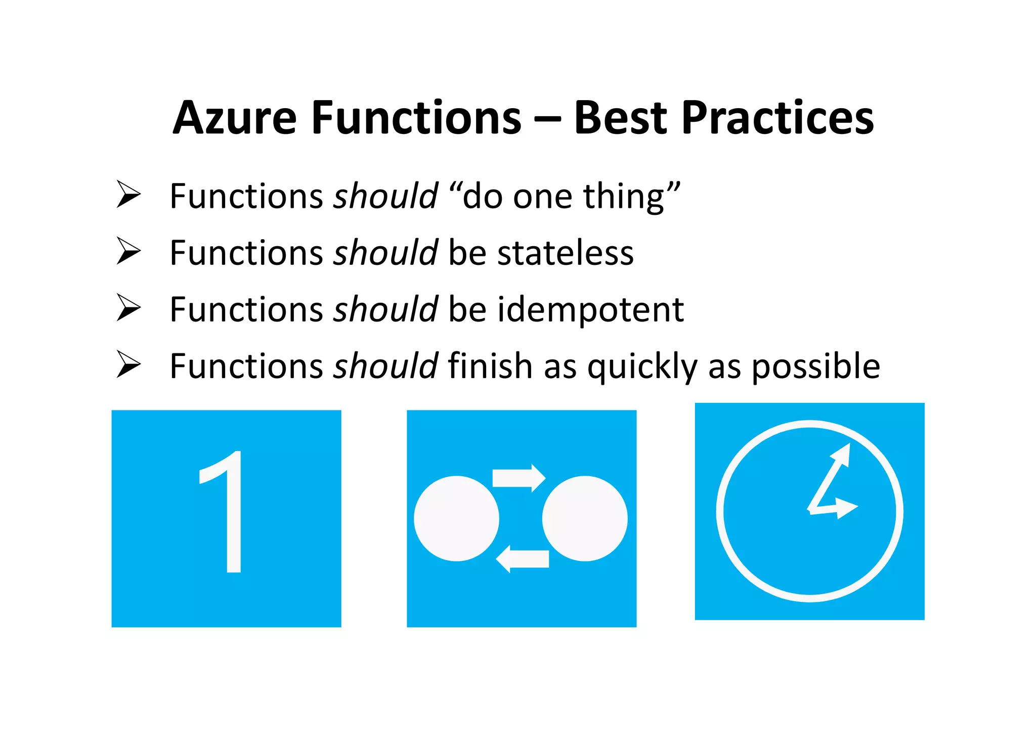  Functions should “do one thing”
 Functions should be stateless
 Functions should be idempotent
 Functions should finish as quickly as possible
Azure Functions – Best Practices
 Functions should finish as quickly as possible
 