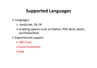 Supported Languages
 Languages:
 JavaScript, C#, F#
scripting options such as Python, PHP, Bash, Batch,
and PowerShelland PowerShell
 Experimental support
.NET Core
Linux Containers
Java
 