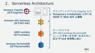 © 2017, Amazon Web Services, Inc. or its Affiliates. All rights reserved.
２．Serverless Architecture
Amazon API Gateway
(以下API GW)
AWS Lambda
(以下Lambda)
Amazon DynamoDB
(以下DynamoDB)
Amazon Cognito
(以下Cognito)
クライアントアプリは Cognito から
Temporary Credentials を得た後、
JSON で Web API と通信
サーバサイドは
API GW/Lambda/DynamoDB
といったマネージドサービスを⽤い、
EC2 や ELB を利⽤しない
 