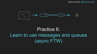 Medium/Twitter: @PaulDJohnston
Practice 6:
Learn to use messages and queues
(async FTW)
⚡
{
“Data”:
{
“a”: [
...
 