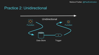 Medium/Twitter: @PaulDJohnston
Practice 2: Unidirectional
FunctionFunction
Data Store Trigger
⚡
Unidirectional
 