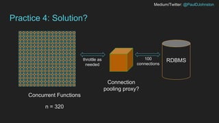 Medium/Twitter: @PaulDJohnston
Practice 4: Solution?
Concurrent Functions
RDBMS
n = 320
Connection
pooling proxy?
throttle as
needed
100
connections
 