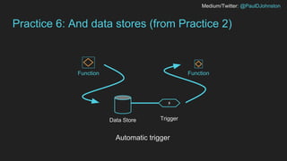 Medium/Twitter: @PaulDJohnston
Practice 6: And data stores (from Practice 2)
FunctionFunction
Trigger
⚡
Automatic trigger
Data Store
 