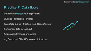 Medium/Twitter: @PaulDJohnston
Practice 7: Data flows
Data flows through your application
Queues - Functions - Events
Fast Data Stores - Caches, Fast Reads/Writes
Performant data throughput
Scale considerations are higher
e.g Document DBs, K/V stores, blob stores
 