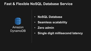 Amazon
DynamoDB
Fast & Flexible NoSQL Database Service
• NoSQL Database
• Seamless scalability
• Zero admin
• Single digit millisecond latency
 