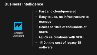 • Fast and cloud-powered
• Easy to use, no infrastructure to
manage
• Scales to 100s of thousands of
users
• Quick calculations with SPICE
• 1/10th the cost of legacy BI
software
Business Intelligence
Amazon
QuickSight
 