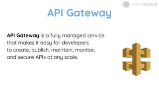 API Gateway is a fully managed service
that makes it easy for developers
to create, publish, maintain, monitor,
and secure APIs at any scale.
API Gateway
 