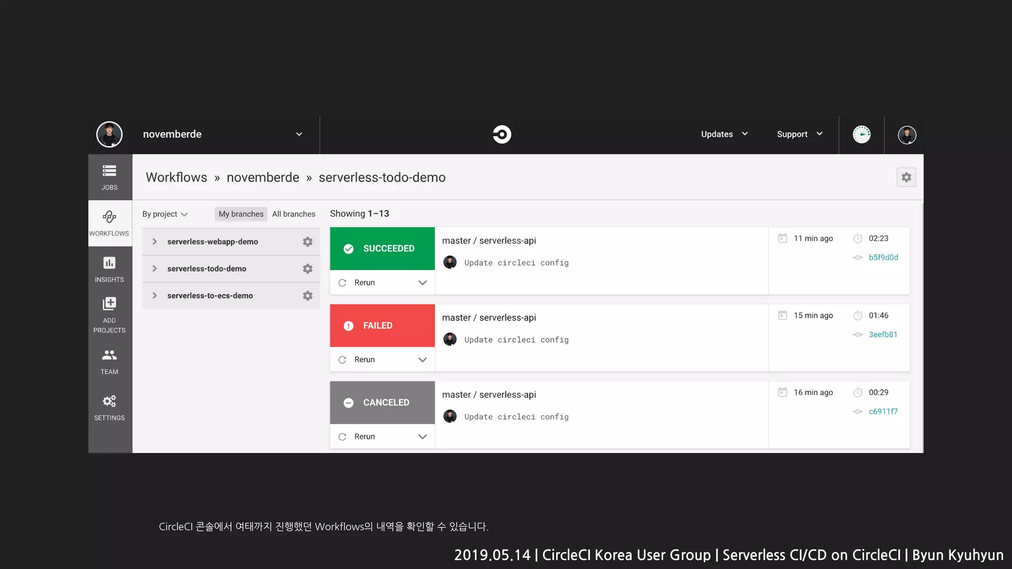 2019.05.14 | CircleCI Korea User Group | Serverless CI/CD on CircleCI | Byun Kyuhyun
CircleCI 콘솔에서 여태까지 진행했던 Workflows의 내역을 확인할 수 있습니다.
 