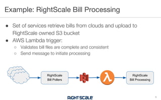● Set of services retrieve bills from clouds and upload to
RightScale owned S3 bucket
● AWS Lambda trigger:
○ Validates bill files are complete and consistent
○ Send message to initiate processing
Example: RightScale Bill Processing
9
RightScale
Bill Pollers
RightScale
Bill Processing
 
