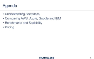 • Understanding Serverless
• Comparing AWS, Azure, Google and IBM
• Benchmarks and Scalability
• Pricing
Agenda
6
 
