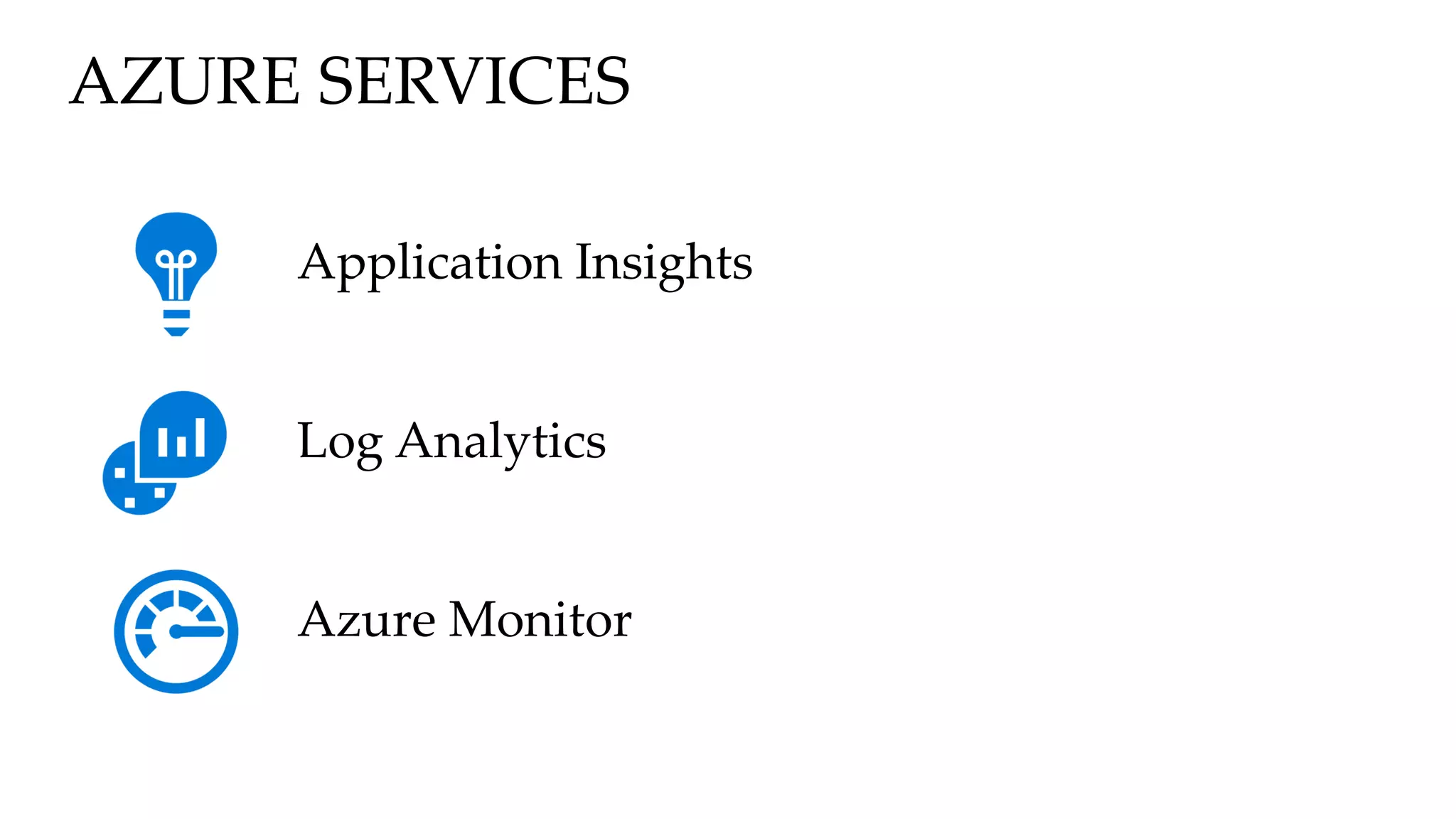 AZURE SERVICES
Azure Monitor
Application Insights
Log Analytics
 