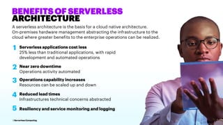 3 Serverless Computing
BENEFITS OF SERVERLESS
ARCHITECTURE
A serverless architecture is the basis for a cloud native architecture.
On-premises hardware management abstracting the infrastructure to the
cloud where greater benefits to the enterprise operations can be realized.
1 Serverless applications cost less
25% less than traditional applications, with rapid
development and automated operations
2 Near zero downtime
Operations activity automated
3 Operations capability increases
Resources can be scaled up and down
4 Reduced lead times
Infrastructures technical concerns abstracted
5 Resiliency and service monitoring and logging
 