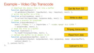 Example – Video Clip Transcode
// Download the object from S3 into a buffer
function download(next) {
s3.getObject({Bucket: inputBucket, Key: inputKey}, next); },
// Write the buffer to a file
function write(response, next) {
fs.writeFile(inputVideo, response.Body, next); },
// Spawn a process to transcode
function transcode(next) {
exec("./ffmpeg -i " + inputVideo + " -vcodec mpeg4 -b:v 1200k “
+ outputVideo, next); },
// Read the file to a buffer
function read(next) {
fs.readFile(outputVideo, next); },
// Upload the buffer to an object in S3
function upload(objectBuffer, next) {
s3.putObject({Bucket: outputBucket, Key: outputKey, Body: objectBuffer},
context.done); },
], context.fail);
};
Get ﬁle from S3
Write to disk
ffmpeg transcode
Read from disk
Upload to S3
 