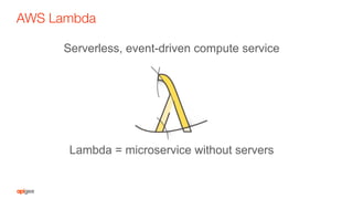 AWS Lambda
Serverless, event-driven compute service
Lambda = microservice without servers
 