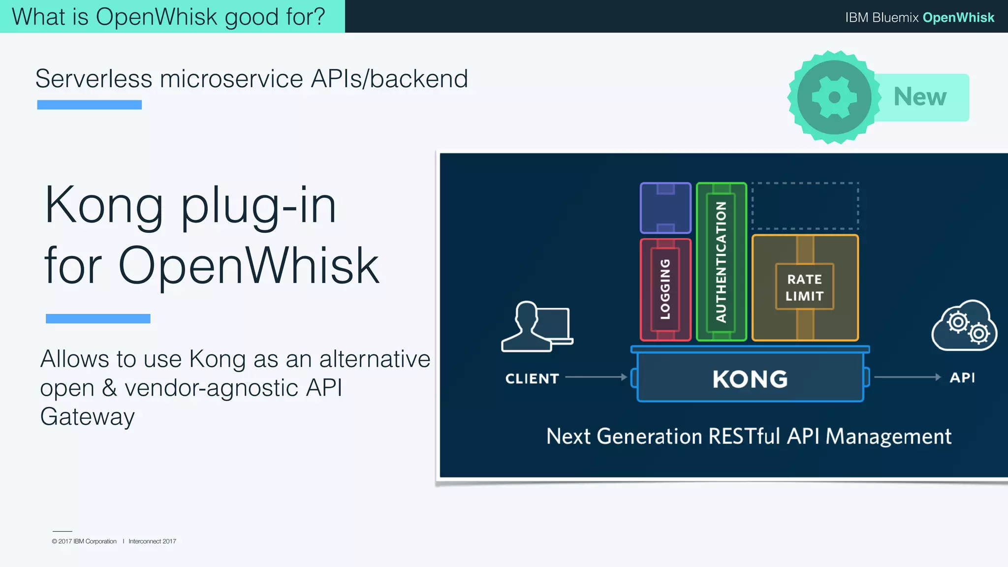 © 2017 IBM Corporation l Interconnect 2017
IBM Bluemix OpenWhisk
Allows to use Kong as an alternative
open & vendor-agnostic API
Gateway
New
Kong plug-in 
for OpenWhisk
Serverless microservice APIs/backend
What is OpenWhisk good for?
 