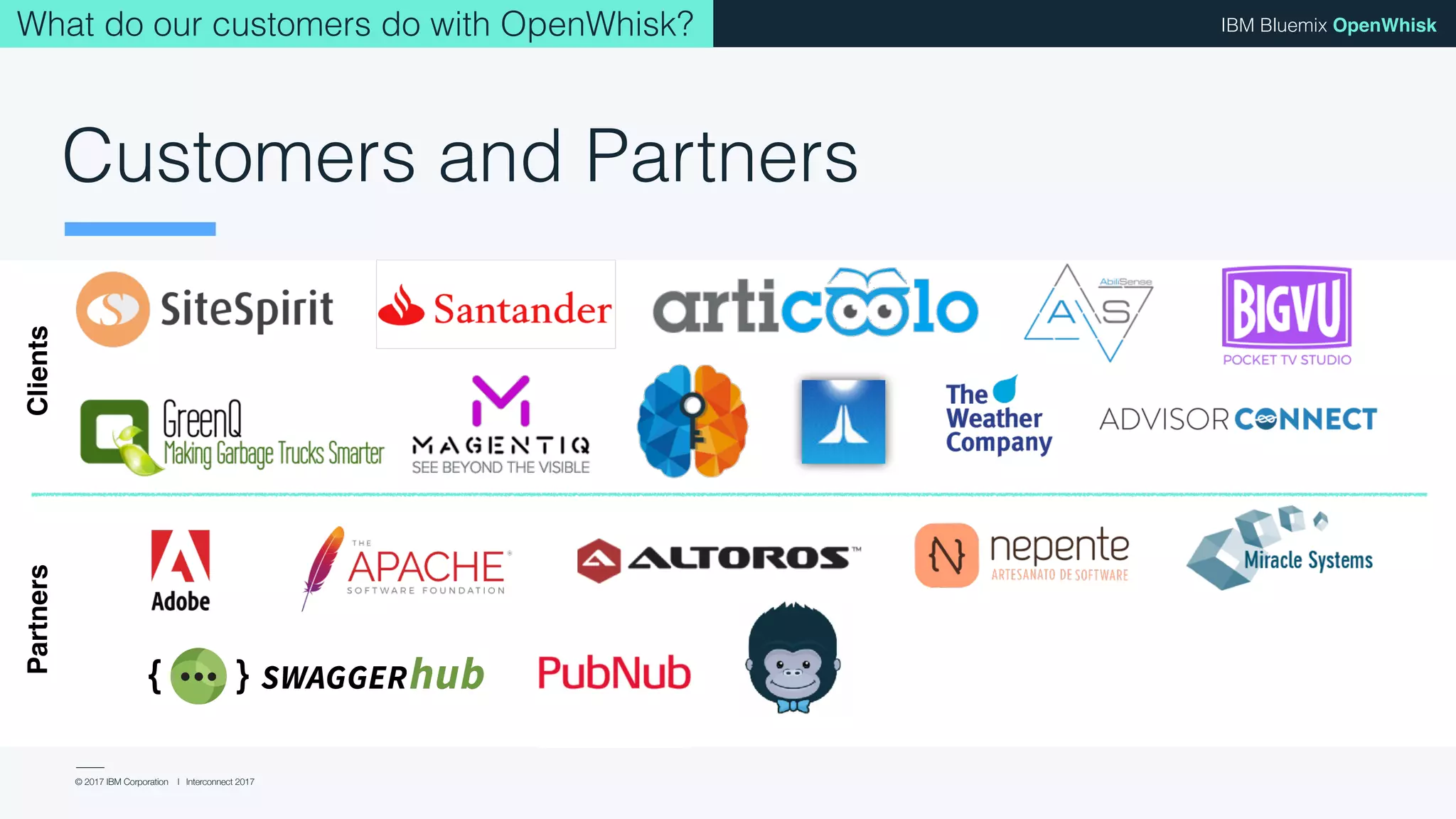 © 2017 IBM Corporation l Interconnect 2017
IBM Bluemix OpenWhiskWhat do our customers do with OpenWhisk?
Customers and Partners
ClientsPartners
 